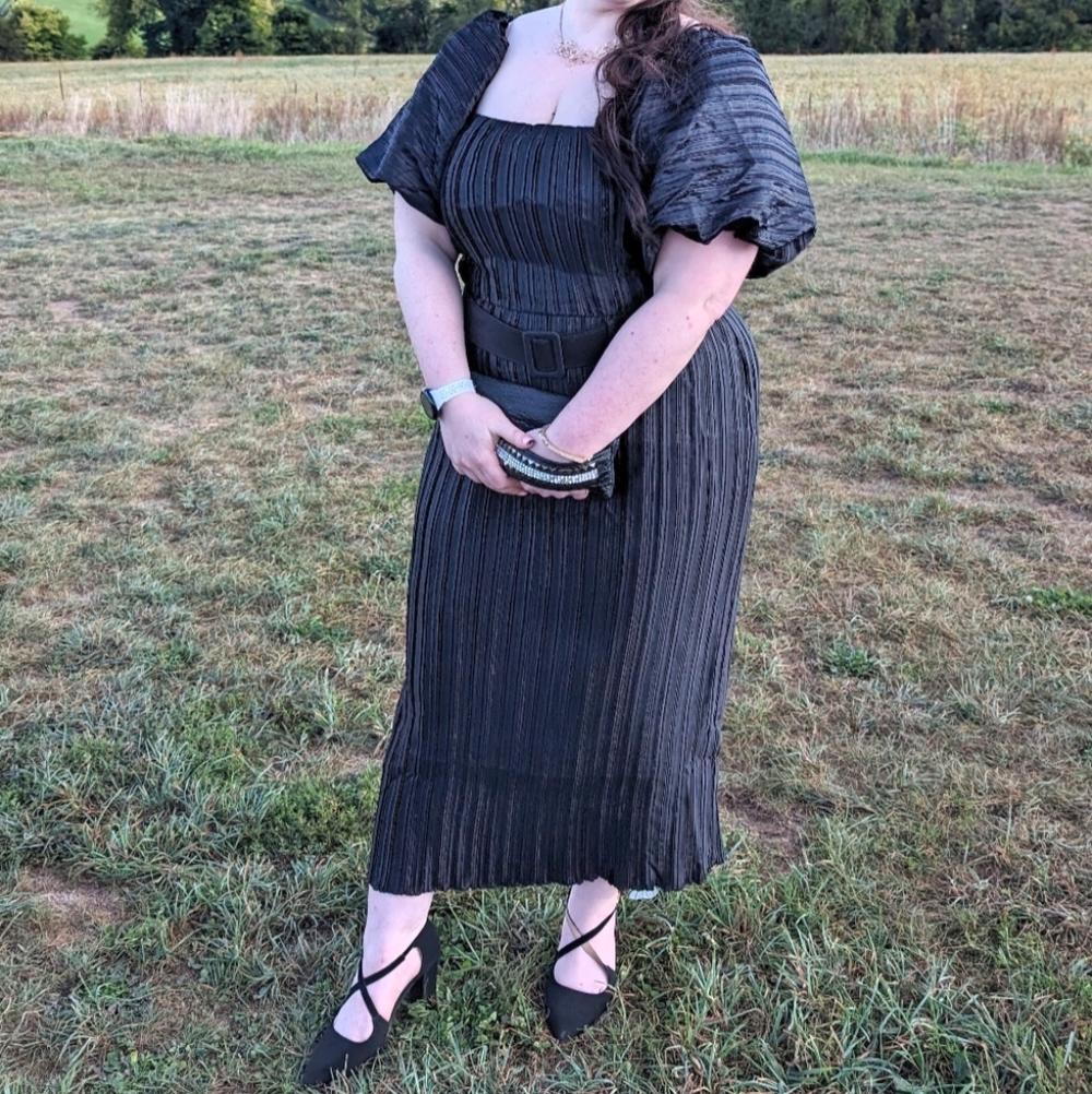 City Chic Black Pleated Midi Dress with Shawl
